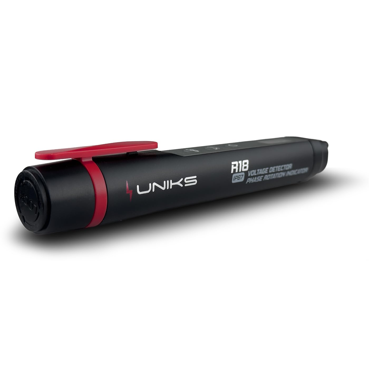 UNIKS - Detector de voltaje profesional R18 para 3 intensidades y sentido cíclico - Detector de tubos y cables eléctricos sin contacto con pantalla, linterna y doble sensibilidad