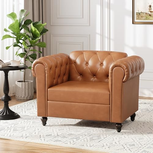 Brown Faux Leather Accent Chairs, Button-Tufted Upholstered Club Chair Retro