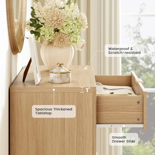 Image of Fluted 5 Drawers Dresser for Bedroom, 44'' Tall Wooden Chest of Drawers with Metal Handles, Modern Dresser TV Stand, Wood Clothing Storage Organizer for Living Room, Entryway, Natural Oak