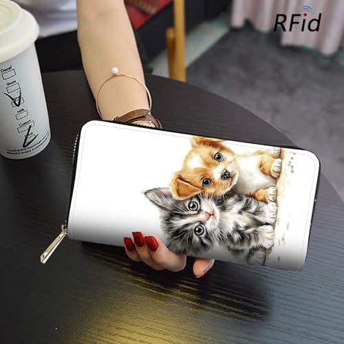 Image of RFID Blocking Leather Wallet for Women - Large Capacity Zip Around Clutch with 8 Card Slots,35 Cash Pockets & Coin Zipper,Cute Cat and Dog Watercolor Art