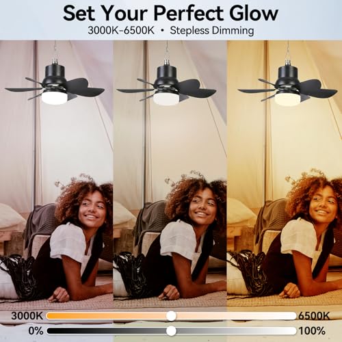 Portable Solar Ceiling Fan with Lights, 18.5in Outdoor Fan with Foldable Solar Panel, Remote Control Stepless Dimmable, Timer, 3 Speeds 30dB, Tool-Free Setup for Camping Greenhouse Chicken Coop, Black by WVMNQO - Image 3