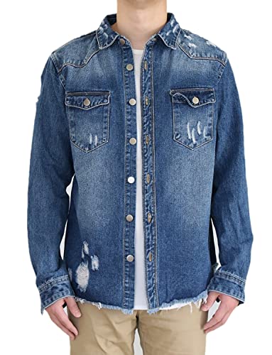 AIRNINE Mens Long Sleeve Distressed Denim Jeans Shirt Jacket (S to 5XL)