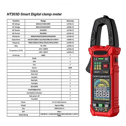 Medidor de Pinza Digital Inteligente HT203D Multímetro Pinza Voltaje AC/DC Frecuencia Capacitancia Prueba Diodo Continuidad miniatura 2