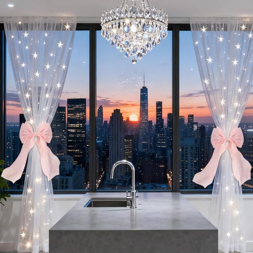 2pcs Pink Bow Curtain Tiebacks, Elegant Lace Ribbon Bowknot Curtain Holdbacks, Drapery Ties Holder for Women Girls Room Bedroom Window Wedding Party Decor Accessories