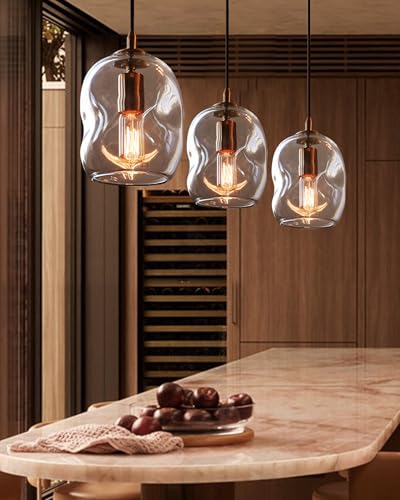 CASAMOTION Pendant Lights Kitchen Island 2 Pack Modern Contemporary Clear Glass Organic Globe Brass Gold Hanging Light Adjustable Cord Bedroom Dining Table Small Medium Lamp 8 Inch - Image 3