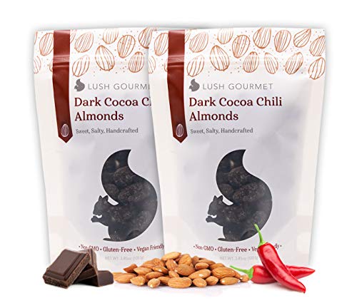 Lush Gourmet Dark Cocoa Chili Almonds - Salted Almonds with Dark Cocoa, Cane Sugar & Chili - Healthy Snacks Free of Cholesterol, Trans-Fats, Soy & Gluten - Vegan Almond Treats - 7.7 oz