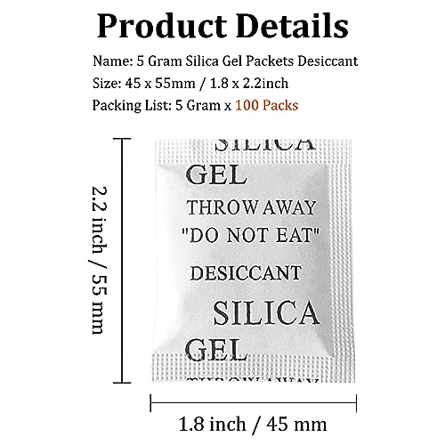 Image of 100PCS 5 Gram Premium Silica Gel Packets, Desiccant Packs for Storage, Moisture Absorbers, Humidity Dry Bags, Rechargeable Transparent Silicone Dessicants Dehumidifier for Electronics, Shoes, Jewelry