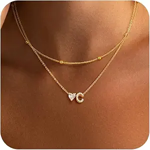 Initial Heart Necklaces for Women - Dainty Cute Necklace Small Layered 14K Gold Plated A-Z Letter CZ Pendant Trendy Satellite Chain Necklaces for Women Non Tarnish Gold Jewelry Set Gift