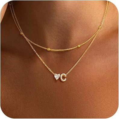 Initial Heart Necklaces for Women - Dainty Cute Necklace Small Layered 14K Gold Plated A-Z Letter CZ Pendant Trendy Satellite Chain Necklaces for Women Non Tarnish Gold Jewelry Set Gift