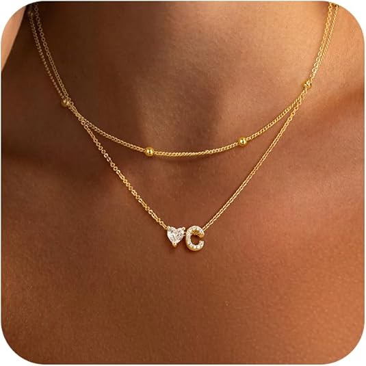Initial Heart Necklaces for Women - Dainty Cute Necklace Small Layered 14K Gold Plated A-Z Letter CZ Pendant Trendy Satellite Chain Necklaces for Women Non Tarnish Gold Jewelry Set Gift