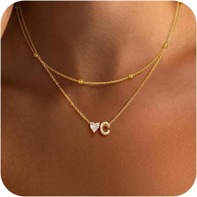 Initial Heart Necklaces for Women - Dainty Cute Necklace Small Layered 14K Gold Plated A-Z Letter CZ Pendant Trendy Satellite Chain Necklaces for Women Non Tarnish Gold Jewelry Set Gift