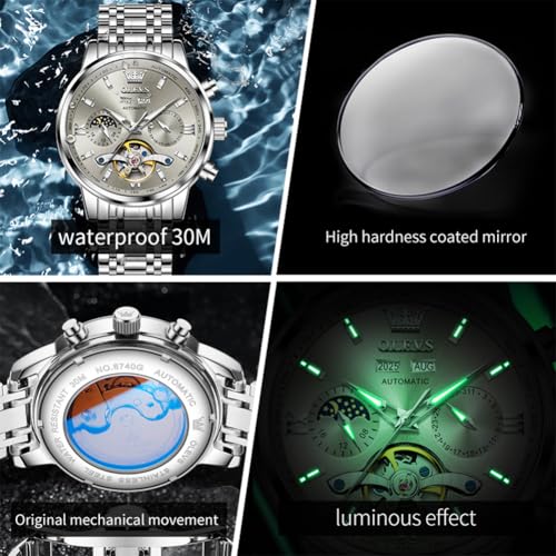 Image of OLEVS Automatic Watches for Men Luxury Skeleton Multi-Function Mechanical Watch Self Winding Date Waterproof Luminous Mens Watch