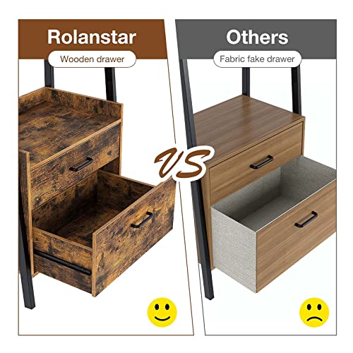 Rolanstar Bookshelf With Drawers, 4 Tier Ladder Bookshelf, Industrial Bookcases, Freestanding Display Plant Shelves With Metal Frame For Living Room, Small Space, Rustic Brown #TOP6