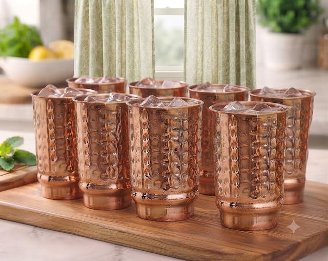 Benefici Per La Salute Secondo L'Ayurveda - Set Di 8 Bicchieri In Vetro Resistente Rame Puro Martellato Capacità 350 Ml