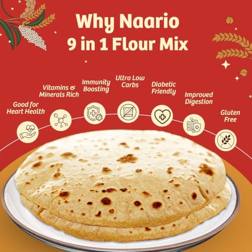 Image of Naario 9-in-1 Multigrain Atta | Protein Atta | 8g Protein Per Roti | No Wheat | Low GI | Diabetic Friendly | 9 Roasted Grains - Black Chana, Jowar, Ragi, Bajra, Oats, Flaxseeds | Gluten Free | 5kg (1kg x 5)