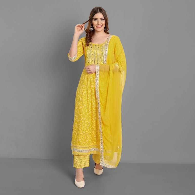 Image of NASRO Women's Viscose Rayon Printed Embroidered Round Neck 3 /4th Sleeves Anarkali Kurta & Pant Suit Set /Salwar Suit Set (Purple)