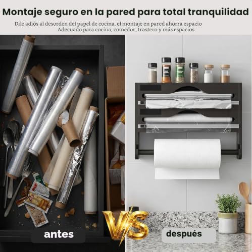 Dispensador de papel de aluminio y film de madera con soporte para rollos de cocina mural 6