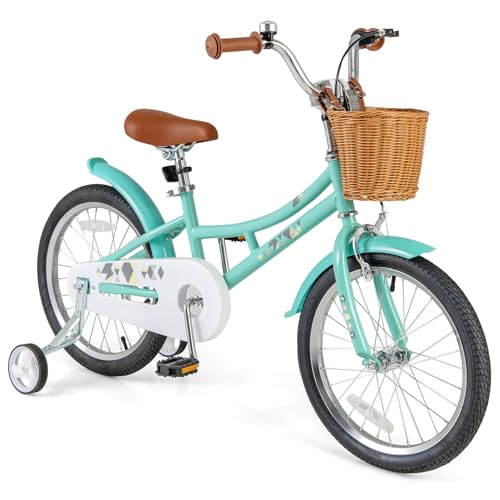 Image of BABY JOY Retro Kids Bike, 12 14 16 18 Inch Child Bike for 3-8 Years Old w /Rattan Basket, Adjustable Height, Training Wheels, Fenders, Handbrake Coaster Brake, 95% Pre-Assembled Kids Bicycle for Girls
