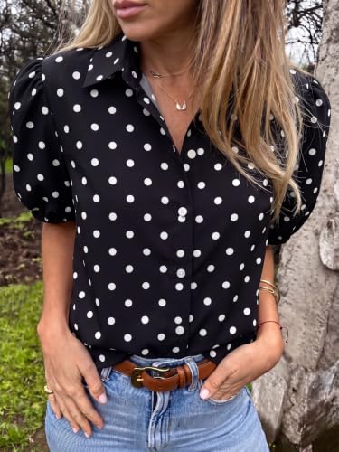 Image of Tankaneo Womens Button Down Shirts Puff Sleeve Tops Summer Cotton Blouses | Loose Fit, Boxy, Dressy Casual, Collared, Short Sleeve, Solid Color, Striped, Plaid, Polka Dots