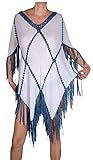 Sommer Damen assymetrisch Lagenlook Kleid Tunika Poncho Überwurf Shirt Fransen 36 38 40 42 44 46 S M L XL Weiß Blau Strand Party Urlaub (40)