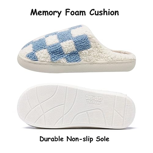 House Slippers for Women Men, Plush Warm Fuzzy Slippers, Cozy Memory Foam Checkered Slippers, Bedroom Indoor Outdoor Slip on Plaid Shoes with Fur4