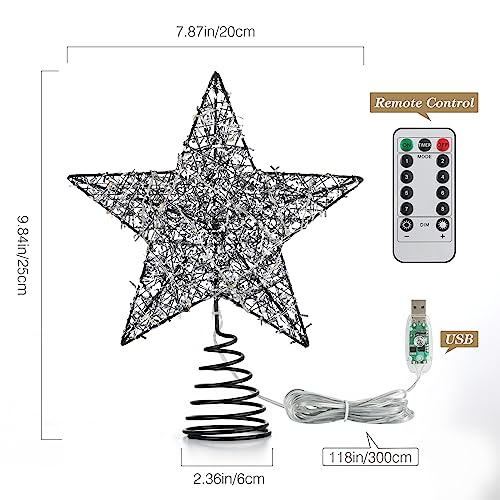 Roylvan Star Tree Topper, Battery Powered Christmas Star Treetop With Timer Decorative Light With Silver Strips, 20 Led Light Xmas Metal Wire Tree Top Ornament For Home Decor Indoor Outdoor Use, Black #TOP4