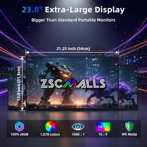 Image of ZSCMALLS 23.8-inch 2K QHD 90HZ 100% sRGB Portable Monitor USB-C HDMI Travel Monitor, Suitable for laptops MacBook PS5 Xbox, VESA installable, with Speakers, Built-in Stand