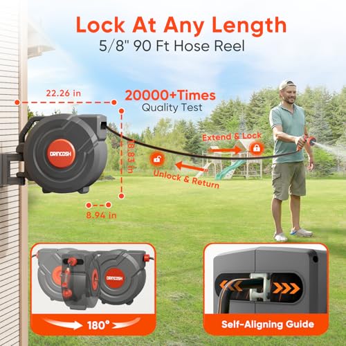 Image of Retractable Garden Hose Reel 90 ft 5 /8 inch Automatic Rewind with Any-Length Lock 9 Pattern Nozzle Sprayer 180 Swivel Wall-Mounted Hose Reel for Home Yards