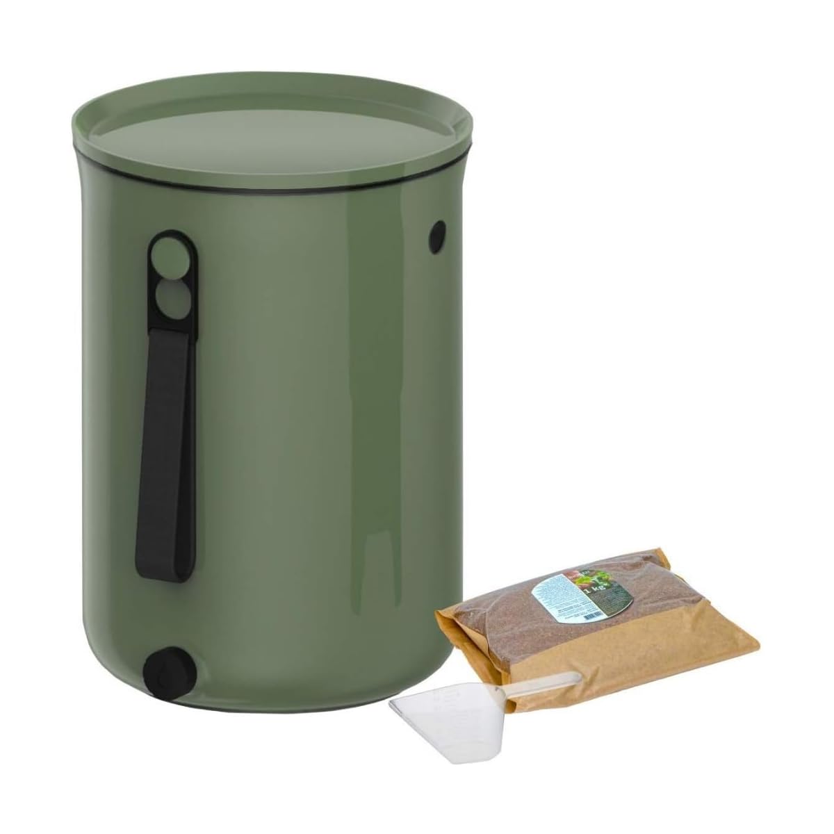 Skaza Bokashi Organko 2 (9.6 L) | Composteur de Cuisine en Plastique Recyclé avec Activateur de Fermentation 1 kg (Vert Olive)