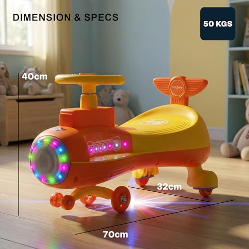 Image of Baybee Zygo Swing Car for Kids | Twister Push Ride on Baby Car with RGB Light & Music | Magic Car for Kid with 360 Steering & Backrest | Kids Car for 2-5 Years Boy Girl (Yellow)