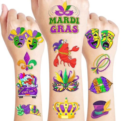 Mardi Gras Temporary Tattoos Fat Tuesday 101 PCS Sticker for Kids Masquerade Celebration, New Orleans, Birthday Decorations, Festival, Carnival Themed Party Favors Supplies Cute Kids Gifts Ideal