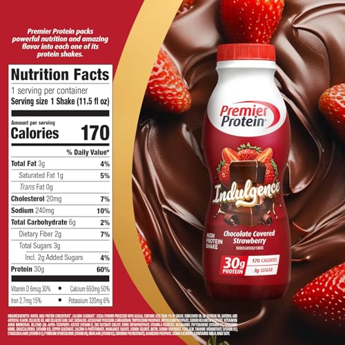 Image of Premier Protein Shake INDULGENCE, Chocolate Covered Strawberry, 30g Protein, 170 Calories, 3g Sugar, 11.5 fl oz, 12 Pack (Packaging May Vary)
