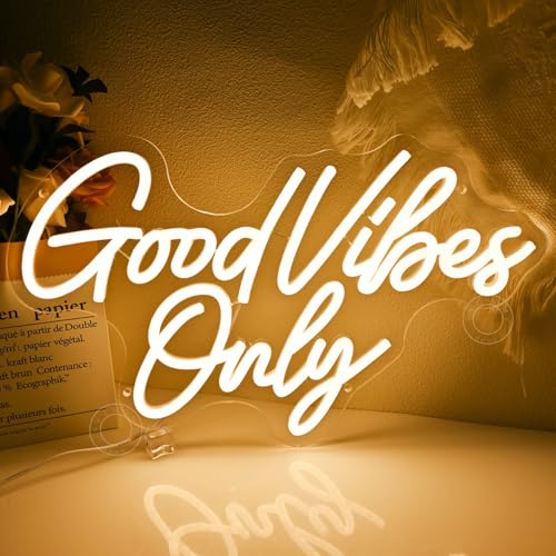 Image of SYLHOME Good Vibes Only Led Neon Light Sign Bedroom Office Bar Pub Club Wall Sign Decor Birthday Party Decoration 15.75 inch X 9.61 inch USB