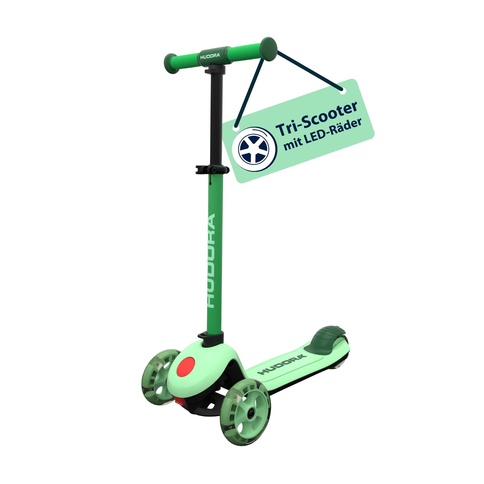 HUDORA Tri‑Scooter mit LED‑Rädern – 3‑Rad Scooter mit höhenverstellbarem Lenker – breitem Hinterrad, ABEC‑7 Kugellager, rutschfestem Deck & Hinterradbremse – Outdoor Tretroller für Kinder