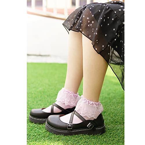Image of Women's Ruffle Anklet Socks - Breathable Cotton Crew Socks in Solid Colors