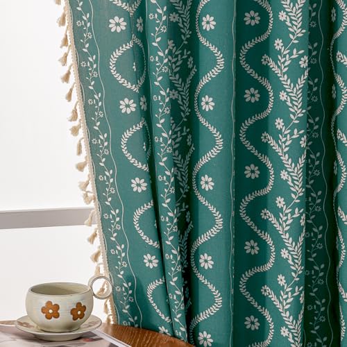 Image of Boho Curtains 45 Inch Long for Living Room, Bedroom, 2 Panels Floral Farmhouse Vintage Tassel Semi Sheer Light Filtering Privacy Window Curtain Drapes with Rod Pocket
