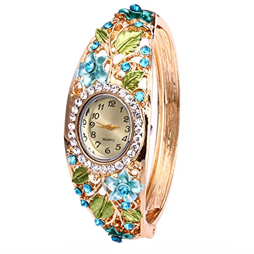 Pulsera para mujer, regalo de joyería de cumpleaños, pulsera de flores con diamantes de imitación, esfera ovalada, reloj de pulsera analógico de cuarzo, regalo de San Valentín, color azul