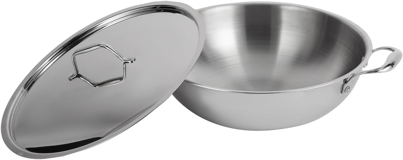 RoyalfordTriply Stainless-Steel Wok Pan with Lid – Deep Stir Fry Pan with Induction Base –Frying Pan Kadai Cooking Pan for Shallow & Deep Frying, Induction Bottom, 30cm