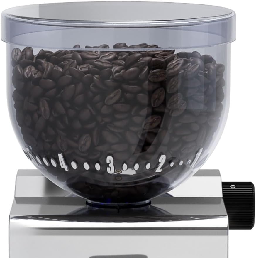 Detail zásobníku na kávová zrna s nastavením mletí