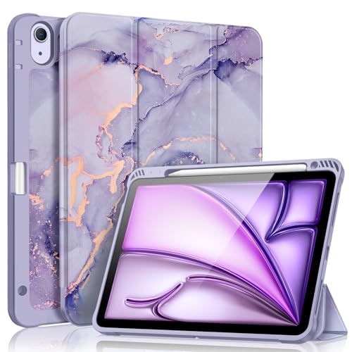 Fintie Hülle für iPad Air 11 Zoll M3 (2025)/M2 (2024), iPad Air 5. Generation (2022)/4. Gen 2020 10,9 Zoll mit Stifthalter, Soft TPU Rückseite Abdeckung Schutzhülle Intelligent Case, Marmor Lila