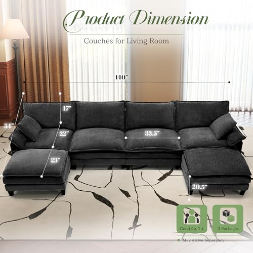 Image of Modular Sectional Sofa, Comfy Cloud Couch with Movable Ottoman, Deep Seat Couches for Living Room, Bedroom and Apartment, 140 inch U Shaped Modern Sofa with Pillows, Black