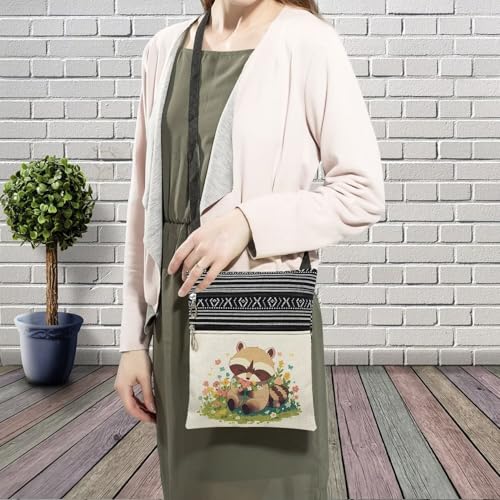 Floral Raccoon Messenger Bag Small Ethnic Pattern Printed Adjustable Strap Crossbody Zipper Bag Floral Raccoon Phone Bag Wallet Cute Shoulder Handbag for Women Friends -23