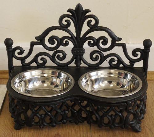 Small Cast Iron Dog or Cat Bowl Holder & 2 Stainless Steel Bowls