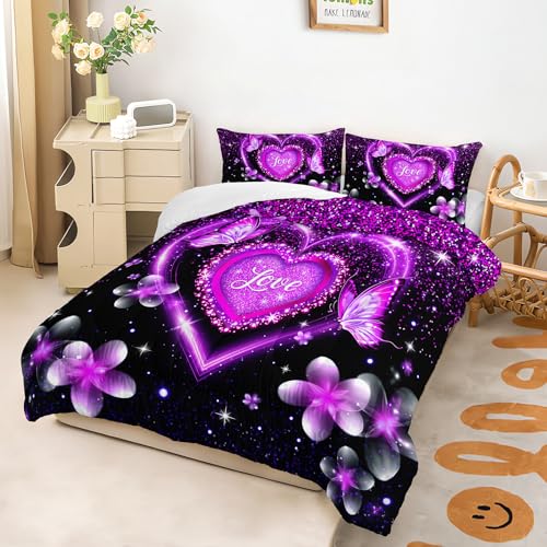 Image of AILONEN Cute Love Heart Comforter Set Full Size,Black and Purple Bedding Set for Girls Women,3-Piece Luxury Butterfly Floral Quilt with 2 Pillowcases