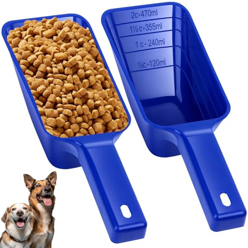 Aosnare 2 Cup Dog Food Scoop(2 Pack) Plastic Pet Food Scoop with Measuring Lines for Accurate Pet Food Portions Dishwasher Safe (Blue)