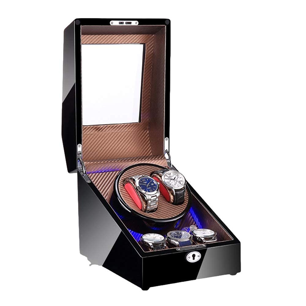 Scatola caricaorologi Automatica 2 + 3 Scatola caricaorologi Finitura in Vernice Pianoforte con Luce LED Blu Cuscini Morbidi per Orologi Motore Silenzioso (E)