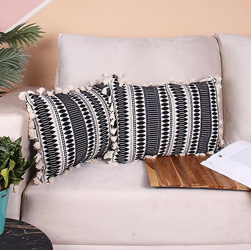 Image of STITCHNEST Geometric Woven Cushion Covers with Tassels | Set of 2 | Black | 12 x 18 Inches | Decorative Sofa & Living Room Cushion Covers