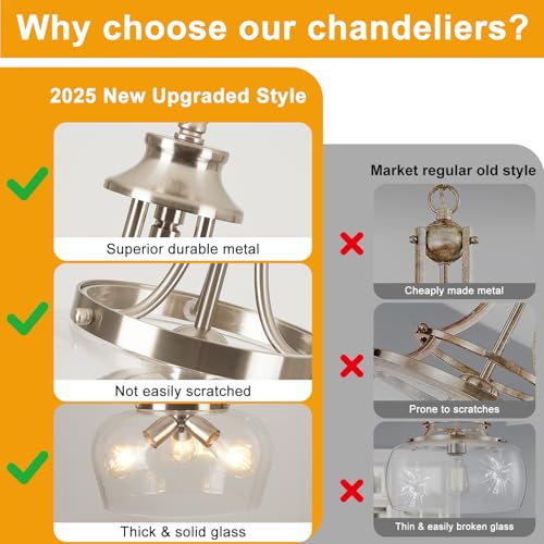 Image of Modern Pendant Lights Kitchen Island, 3-Light Brushed Nickel Pendant Light Fixtures with 14.2 inch Clear Glass Shade,Industrial Hanging Pendant Lights Fixture for Kitchen Island Dining Room Entryway Foyer