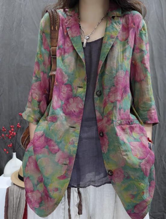 Boho Cotton Linen Blazer for Women Floral Print 3/4 Sleeve Notch Lapel Collar Lightweight Jacket with Pockets3