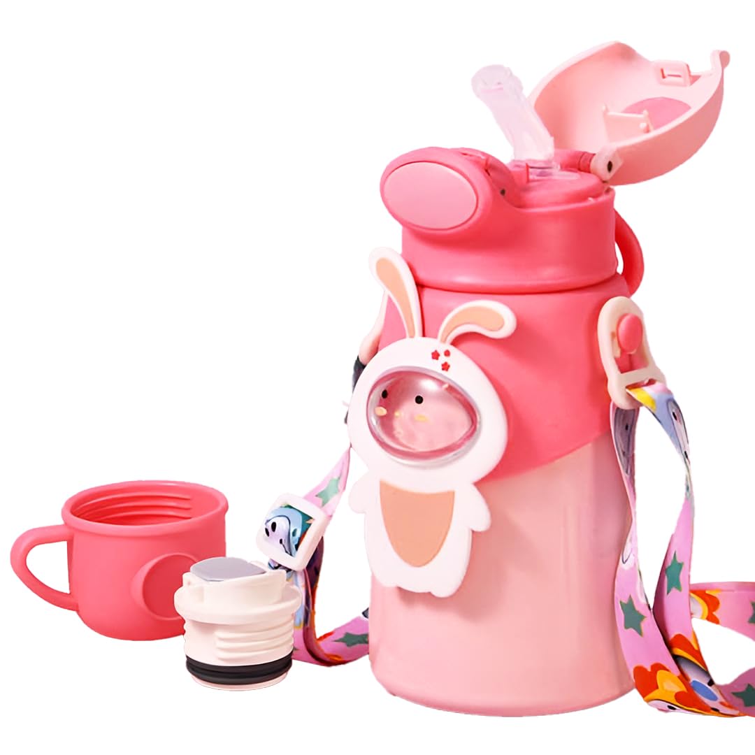 2-in-1 Sipper Cum Bottle Flask with Straw & Cup | Kids Water Bottle Stainless Steel 316 | Insulated, Leak-Proof, BPA-Free | School, Play, Travel, Boys, Girls Toddlers (Pink - 500 ml)